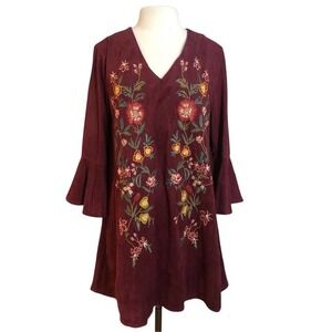 Altar'd State NWT Wine Suede Floral Emrboidered Dress Size Medium